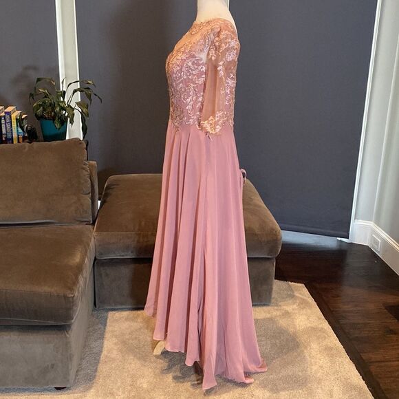 Women’s Pink A-Line Tea Length Chiffon & Lace Appliqué Dress Corset Back Size 12 - Picture 3 of 10